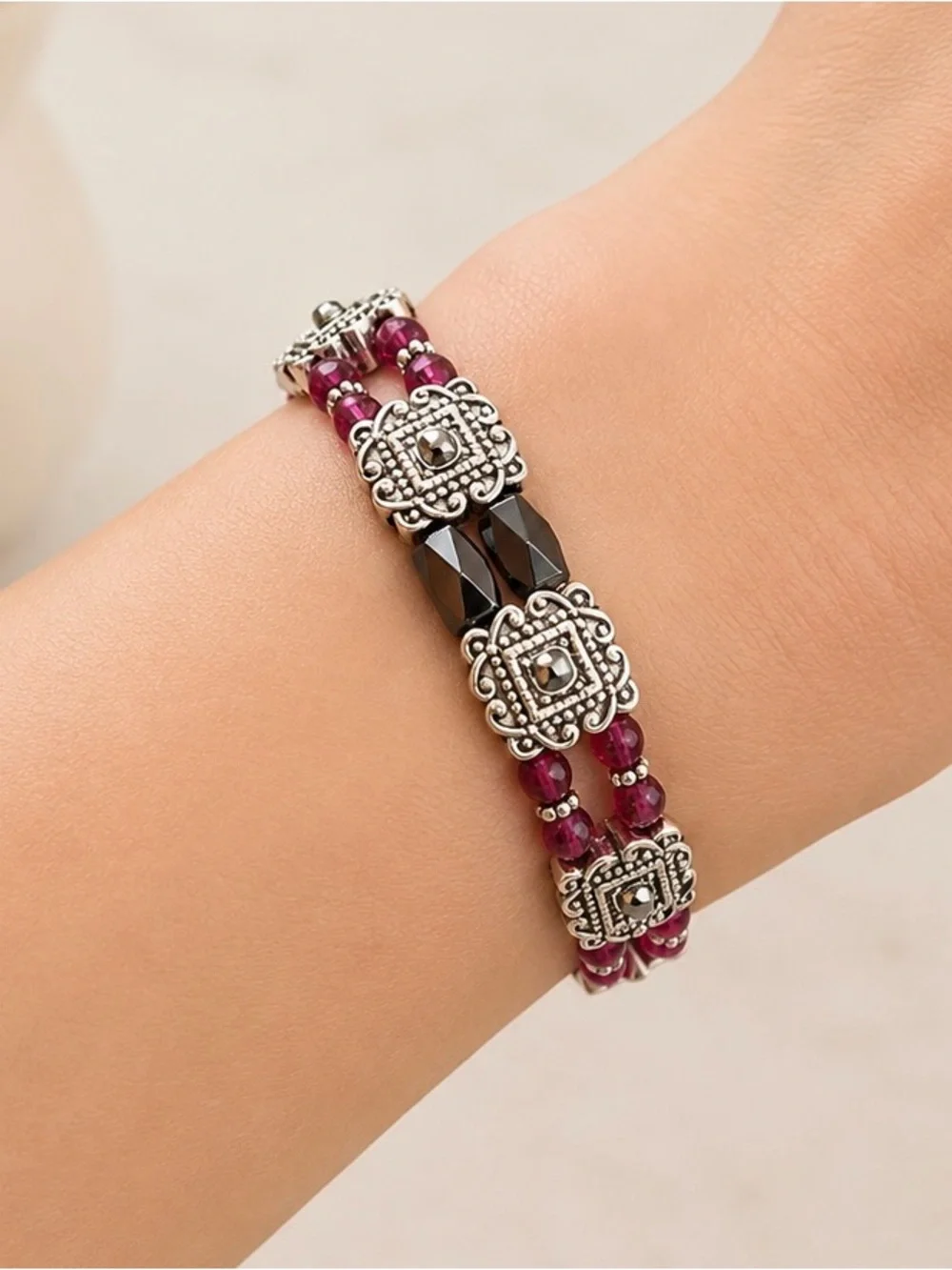 Black/Burgundy/Silver Magnetic Stretchy Bracelet - Picture 3 of 5